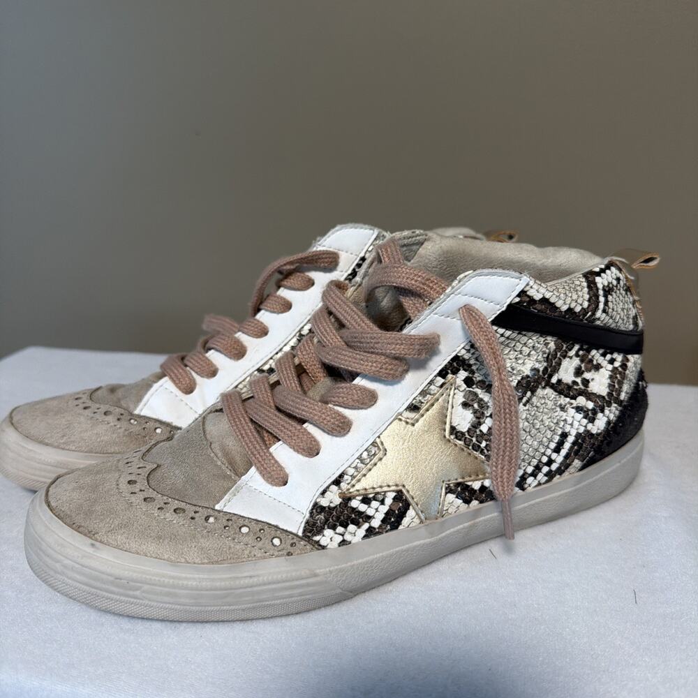 Shu Shop Women's 9 Sneaker Paulina In Natural Snake Print Distressed Suede Upper